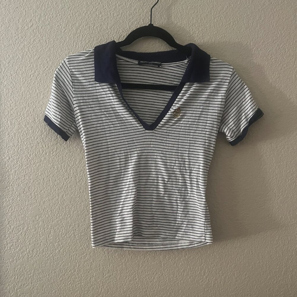 Brandy Melville White/Navy Striped Collared Crop Top